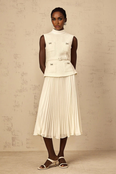 Roberta Midi Dress Off - White Tweed & Tulle Bow Embellished