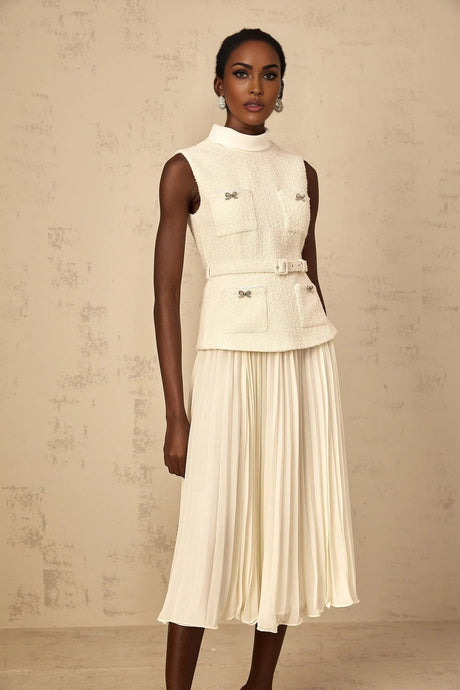 Roberta Midi Dress Off - White Tweed & Tulle Bow Embellished