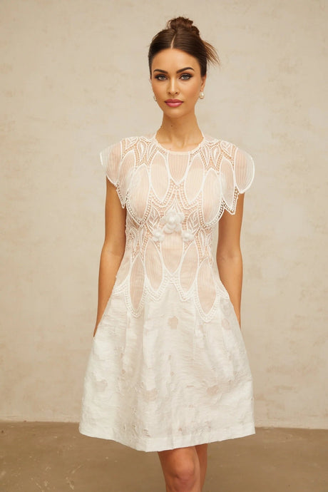 Roberta Mini Dress White 3D - Petal Lace Trimmed