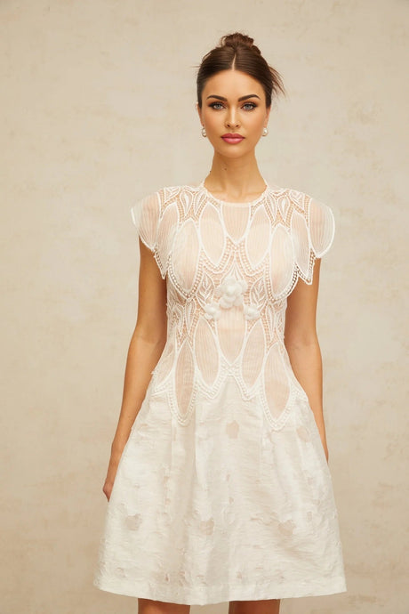 Roberta Mini Dress White 3D - Petal Lace Trimmed