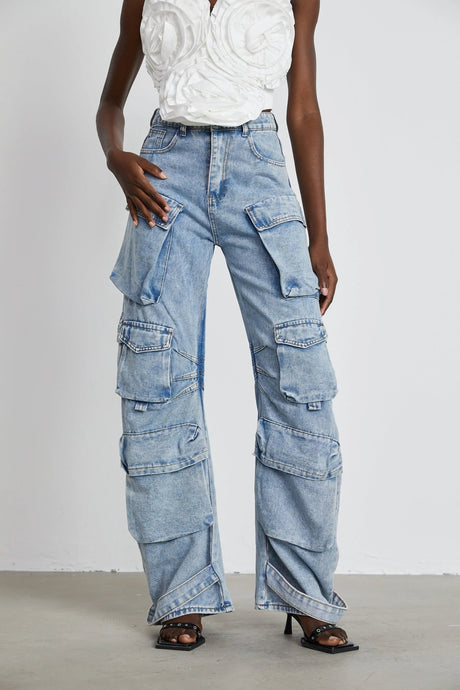 Roberta Trousers Blue High - Waisted Cargo & Wide - Leg Silhouette