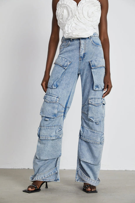 Roberta Trousers Blue High - Waisted Cargo & Wide - Leg Silhouette