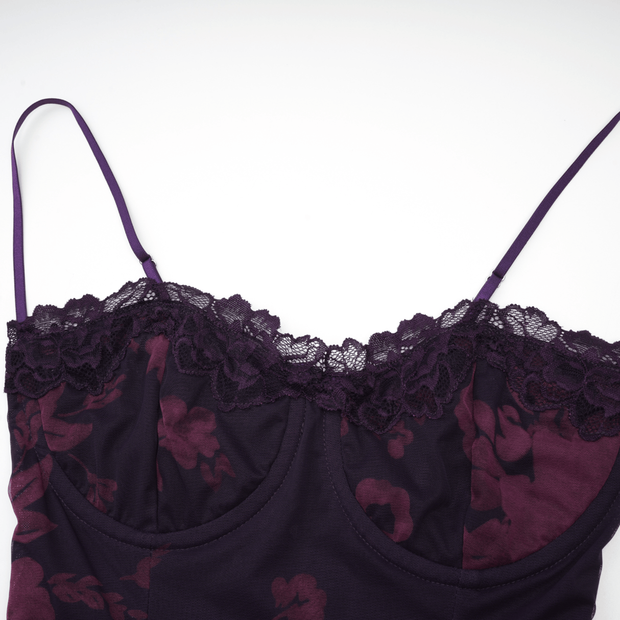 Isabel Floral Midi Dress in Vibrant Purple with Spaghetti Straps & Lace Trims