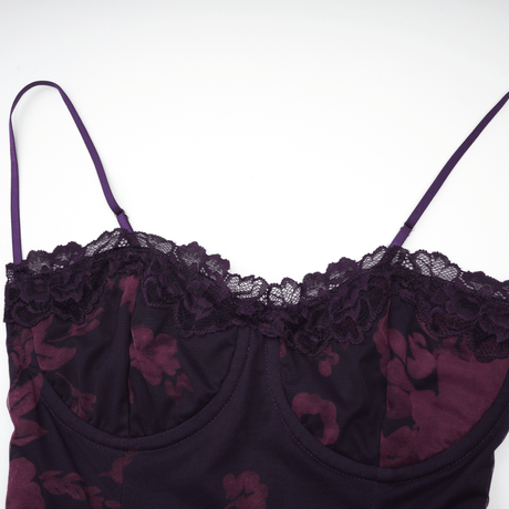 Isabel Floral Midi Dress in Vibrant Purple with Spaghetti Straps & Lace Trims - modified