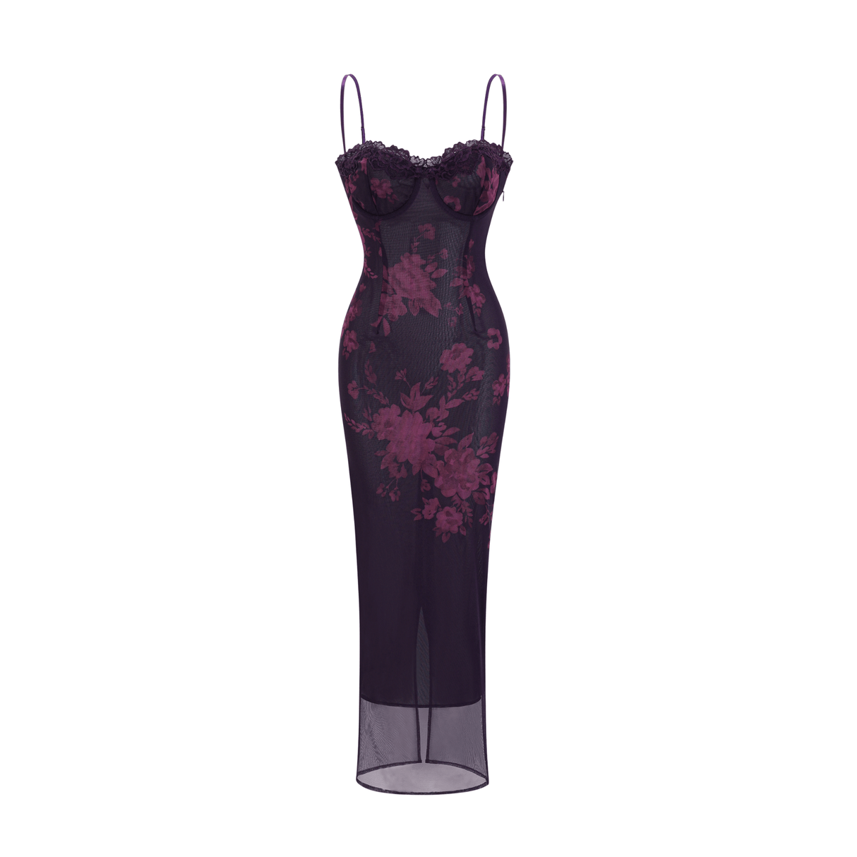 Isabel Floral Midi Dress in Vibrant Purple with Spaghetti Straps & Lace Trims