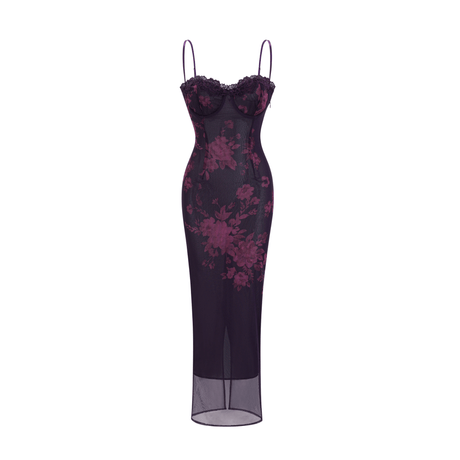Isabel Floral Midi Dress in Vibrant Purple with Spaghetti Straps & Lace Trims - modified