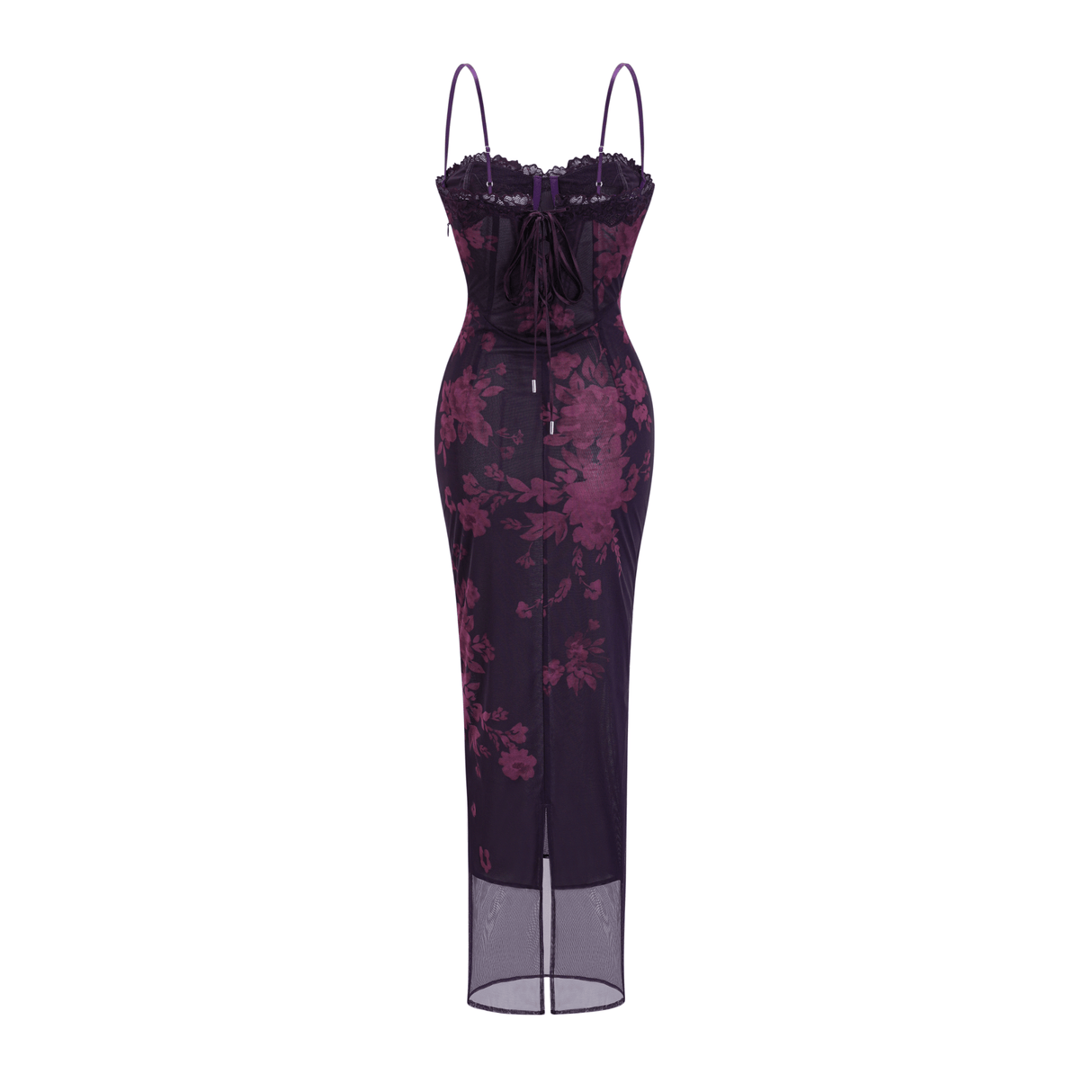 Isabel Floral Midi Dress in Vibrant Purple with Spaghetti Straps & Lace Trims