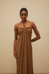 Rory Maxi Dress - halter neck - Open Back - Ruched Detailing - Rear Slit