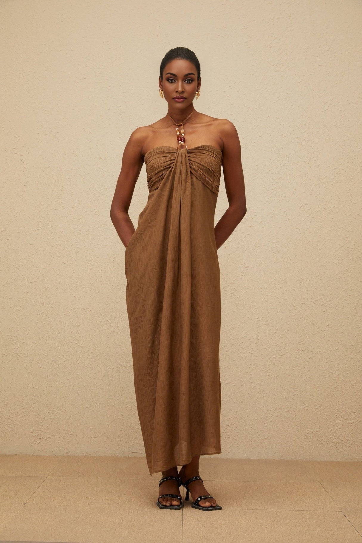 Rory Maxi Dress - halter neck - Open Back - Ruched Detailing - Rear Slit