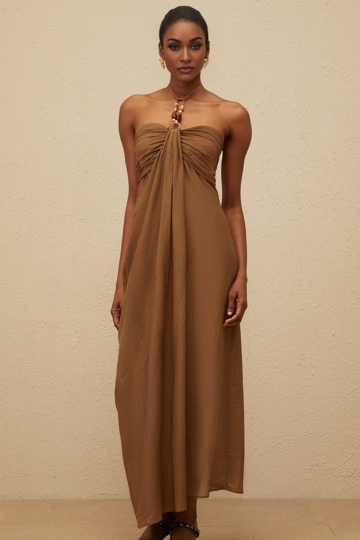 Rory Maxi Dress - halter neck - Open Back - Ruched Detailing - Rear Slit