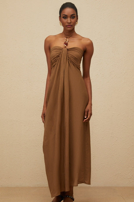 Rory Maxi Dress - halter neck - Open Back - Ruched Detailing - Rear Slit
