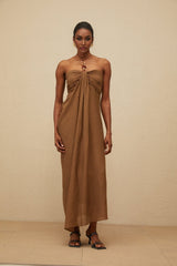 Rory Maxi Dress - halter neck - Open Back - Ruched Detailing - Rear Slit