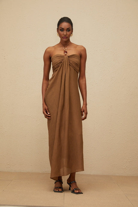 Rory Maxi Dress - halter neck - Open Back - Ruched Detailing - Rear Slit