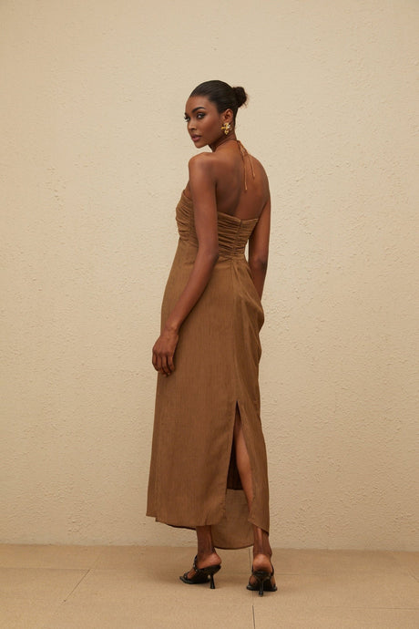 Rory Maxi Dress - halter neck - Open Back - Ruched Detailing - Rear Slit