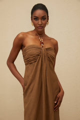 Rory Maxi Dress - halter neck - Open Back - Ruched Detailing - Rear Slit
