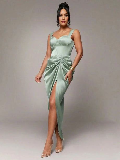 Rory Midi Dress - Neckline Straps - Formal & Evening - High Waist - Twist Details - Split Thigh