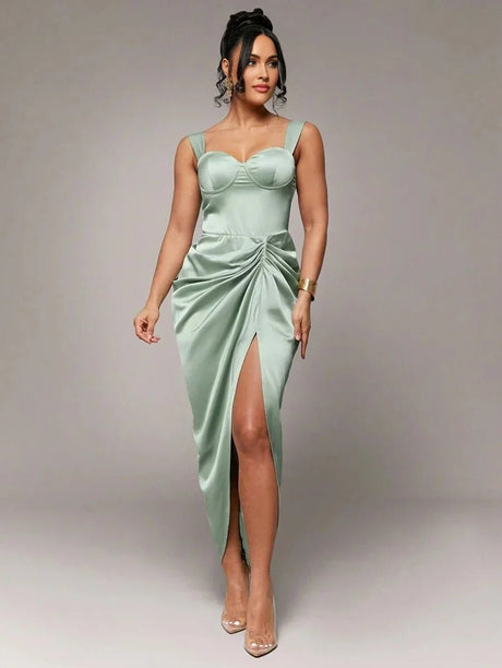 Rory Midi Dress - Neckline Straps - Formal & Evening - High Waist - Twist Details - Split Thigh