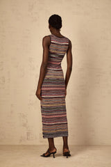 Rory Midi Dress Purple Striped Crochet Knit Sleeveless Straight Hem