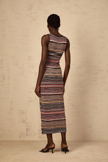 Rory Midi Dress Purple Striped Crochet Knit Sleeveless Straight Hem