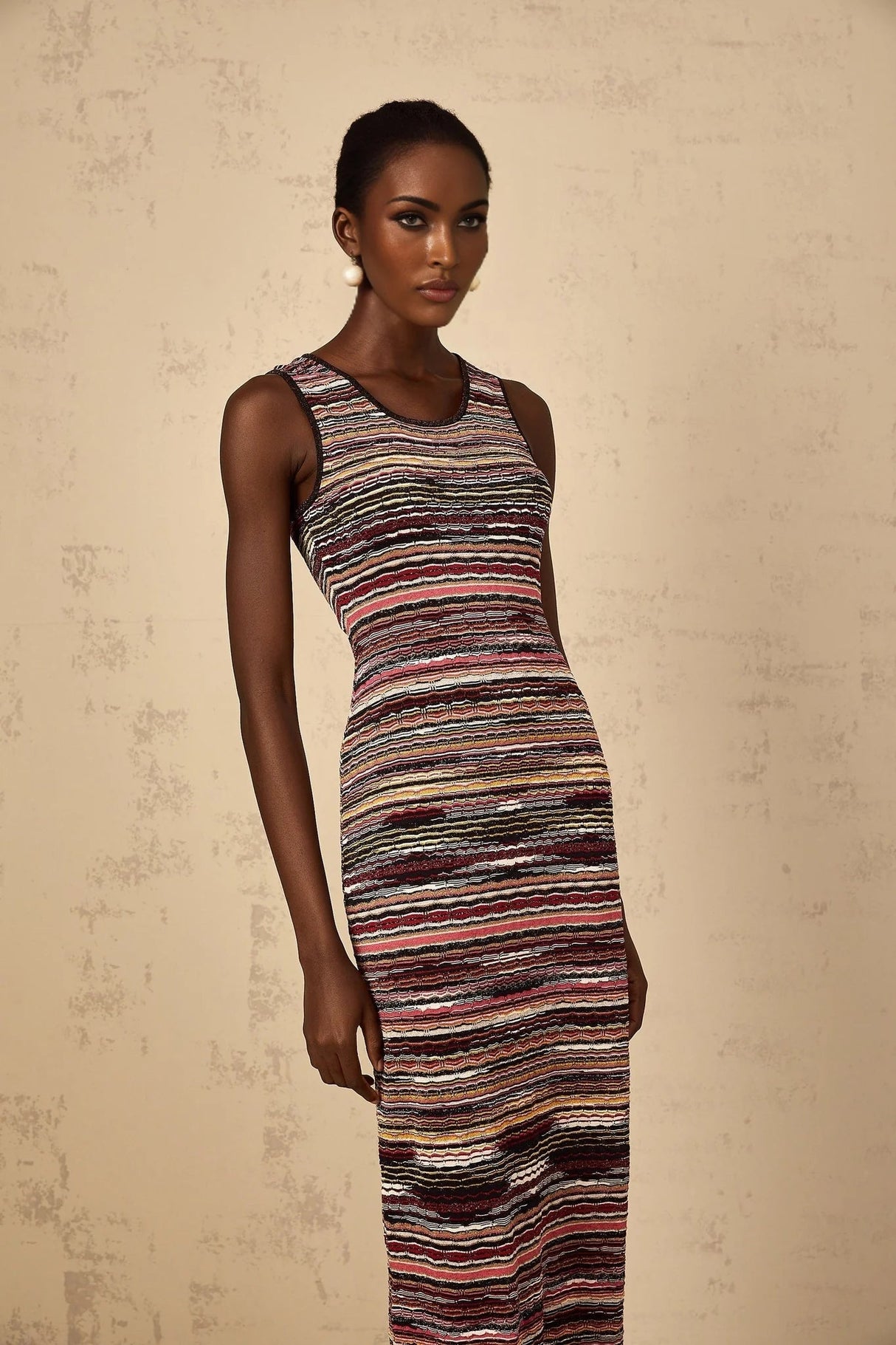 Rory Midi Dress Purple Striped Crochet Knit Sleeveless Straight Hem