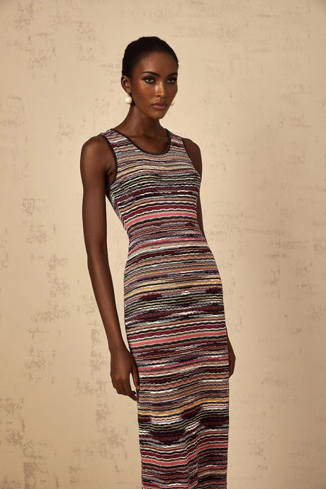 Rory Midi Dress Purple Striped Crochet Knit Sleeveless Straight Hem