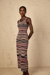 Rory Midi Dress Purple Striped Crochet Knit Sleeveless Straight Hem