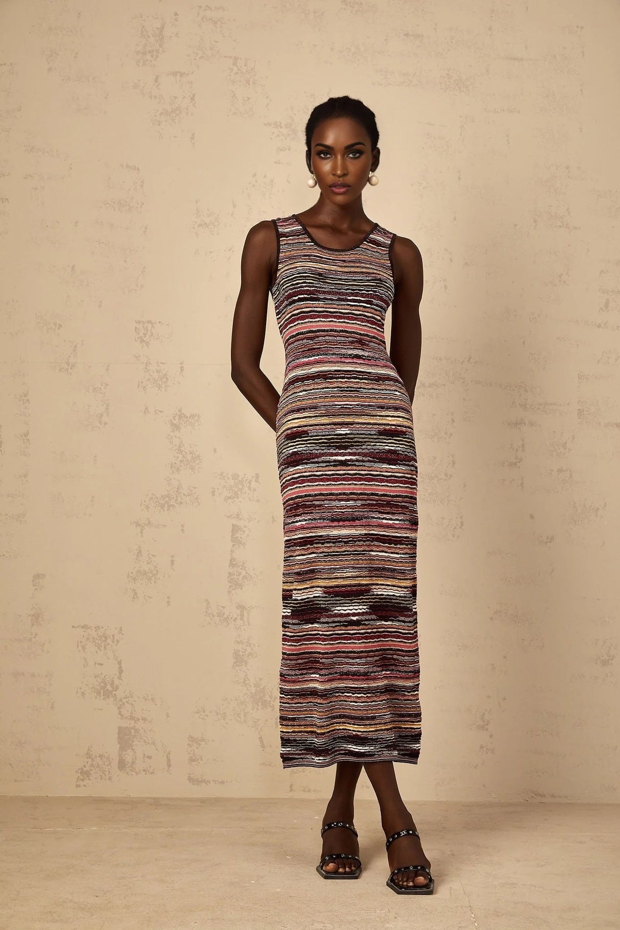 Rory Midi Dress Purple Striped Crochet Knit Sleeveless Straight Hem