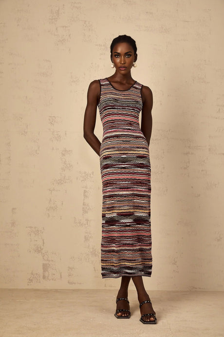 Rory Midi Dress Purple Striped Crochet Knit Sleeveless Straight Hem