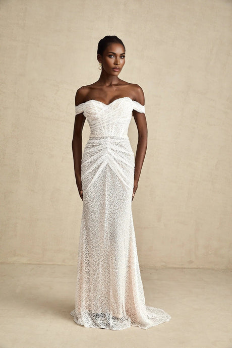 Rosalba Maxi Dress White Sequin Off - Shoulder