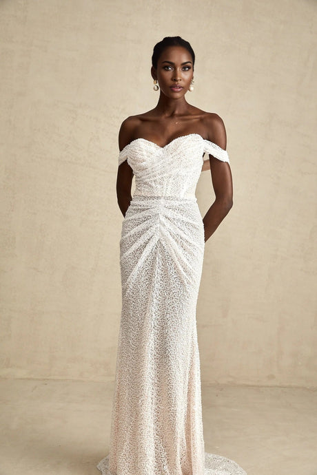 Rosalba Maxi Dress White Sequin Off - Shoulder
