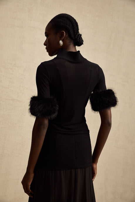 Rosalba Top Black Faux Fur Tulle & Faux Mink Fur