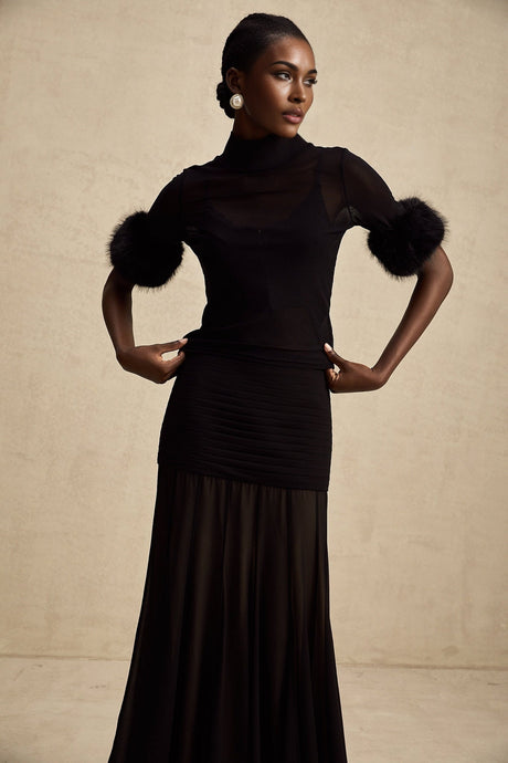 Rosalba Top Black Faux Fur Tulle & Faux Mink Fur