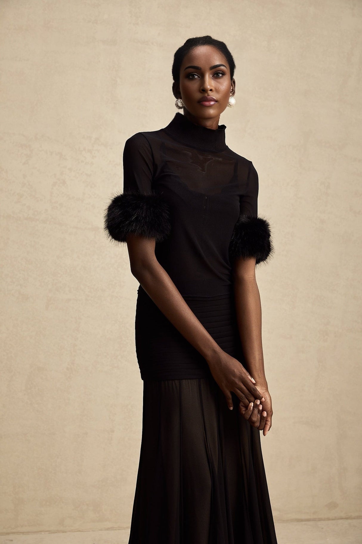 Rosalba Top Black Faux Fur Tulle & Faux Mink Fur