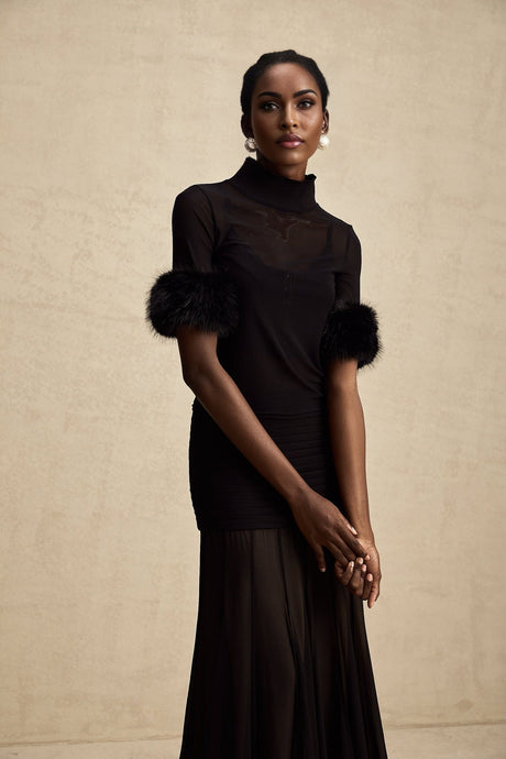 Rosalba Top Black Faux Fur Tulle & Faux Mink Fur