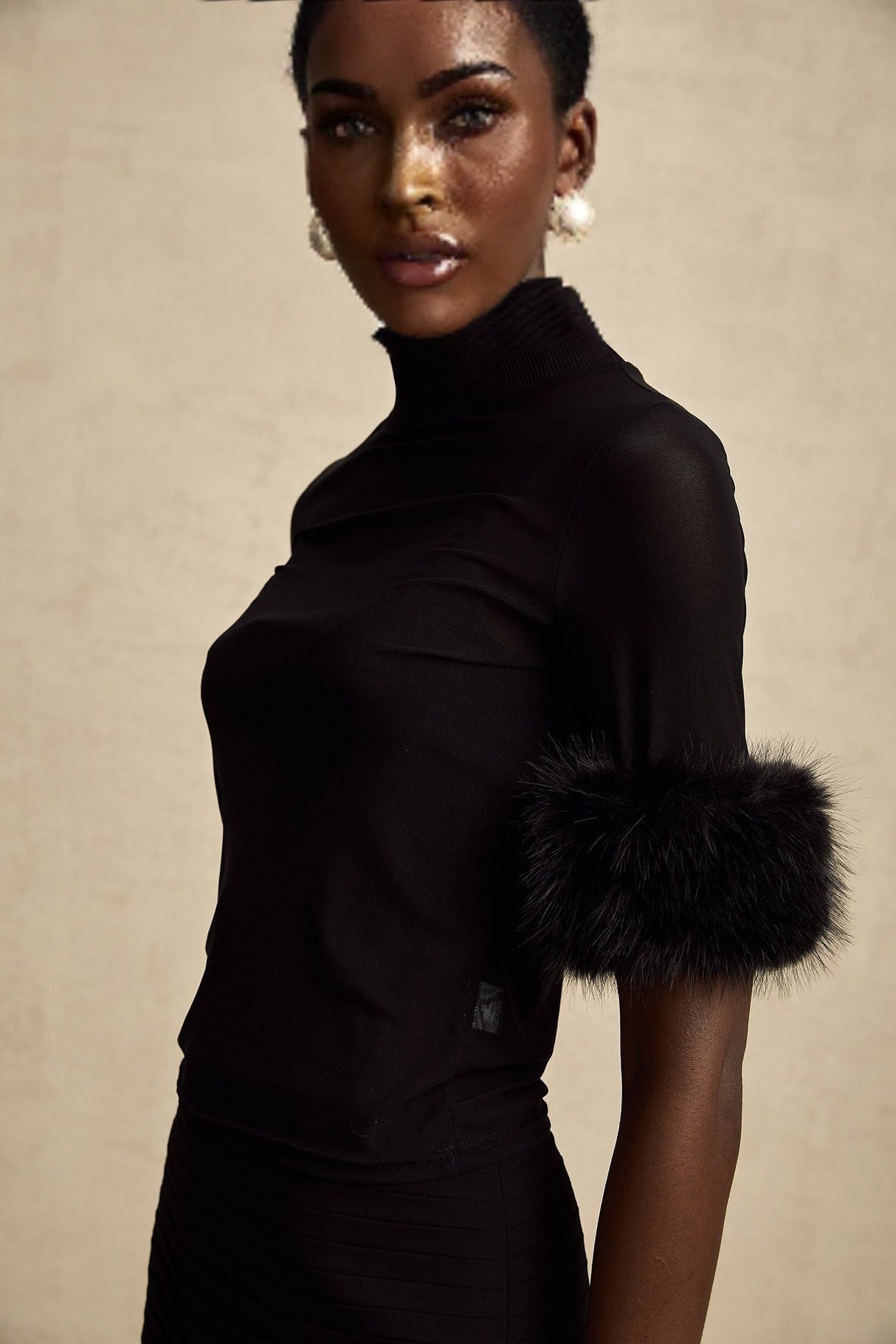 Rosalba Top Black Faux Fur Tulle & Faux Mink Fur