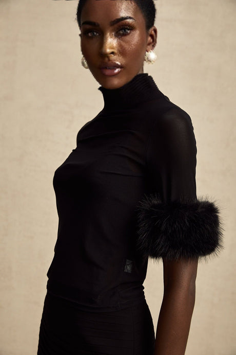 Rosalba Top Black Faux Fur Tulle & Faux Mink Fur
