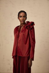 Rosalia Blouse & Skirt Flower Applique Satin Chocker Set