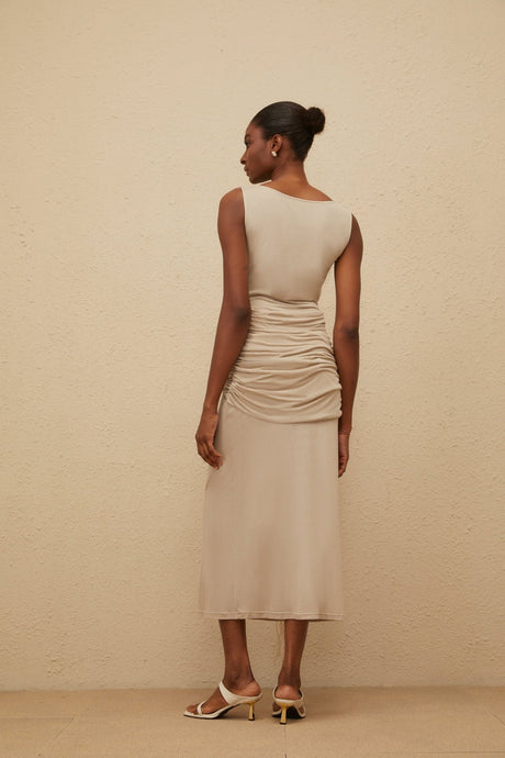 Rosalia Midi Dress - Cowl Neck - Cinched Waist - Ruched & Fringed Detailing - Draped Asymmetrical Hem