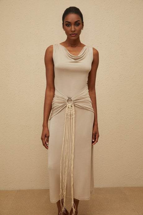 Rosalia Midi Dress - Cowl Neck - Cinched Waist - Ruched & Fringed Detailing - Draped Asymmetrical Hem