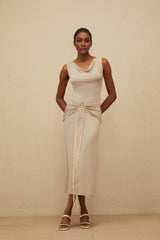 Rosalia Midi Dress - Cowl Neck - Cinched Waist - Ruched & Fringed Detailing - Draped Asymmetrical Hem