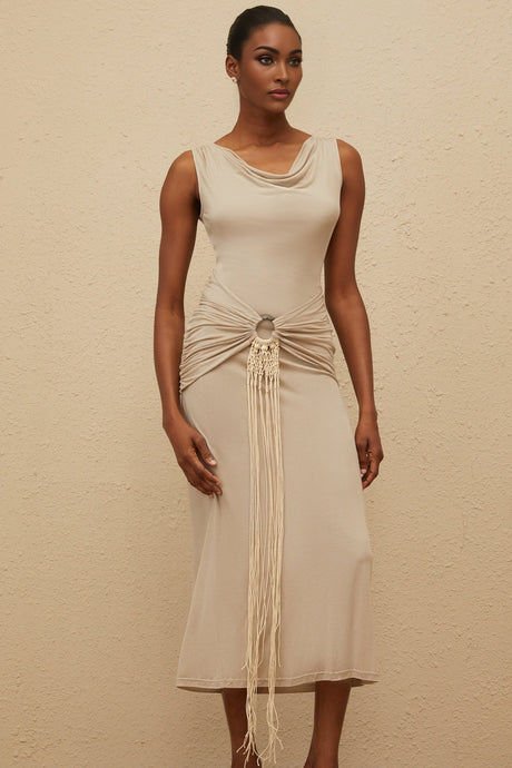 Rosalia Midi Dress - Cowl Neck - Cinched Waist - Ruched & Fringed Detailing - Draped Asymmetrical Hem
