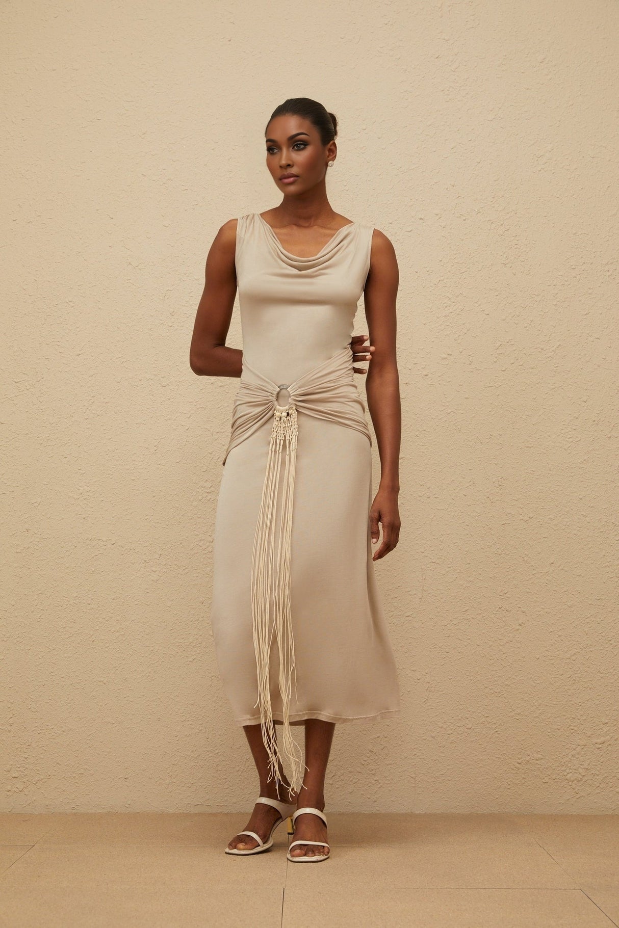 Rosalia Midi Dress - Cowl Neck - Cinched Waist - Ruched & Fringed Detailing - Draped Asymmetrical Hem