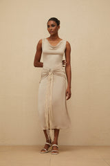 Rosalia Midi Dress - Cowl Neck - Cinched Waist - Ruched & Fringed Detailing - Draped Asymmetrical Hem
