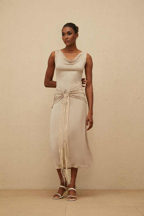 Rosalia Midi Dress - Cowl Neck - Cinched Waist - Ruched & Fringed Detailing - Draped Asymmetrical Hem
