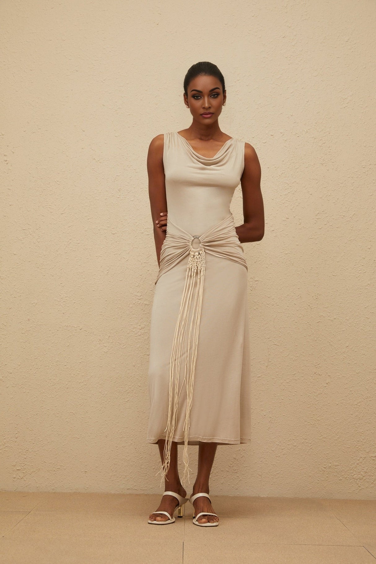 Rosalia Midi Dress - Cowl Neck - Cinched Waist - Ruched & Fringed Detailing - Draped Asymmetrical Hem