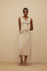 Rosalia Midi Dress - Cowl Neck - Cinched Waist - Ruched & Fringed Detailing - Draped Asymmetrical Hem