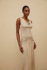 Rosalia Midi Dress - Cowl Neck - Cinched Waist - Ruched & Fringed Detailing - Draped Asymmetrical Hem