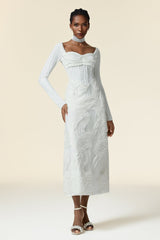 Rosalia White Draped Top Dress with Long Sleeves and Structured Neckline
