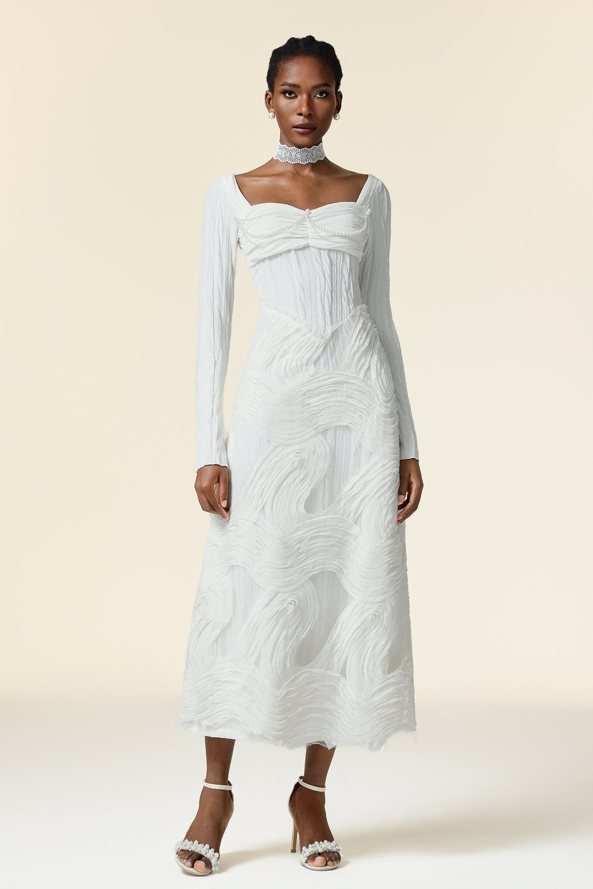 Rosalia White Elegant Dress with Draped Top and Long Sleeves for Formal Events and Casual Occasions