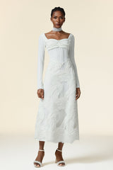 Rosalia White Elegant Dress with Draped Top and Long Sleeves for Formal Events and Casual Occasions